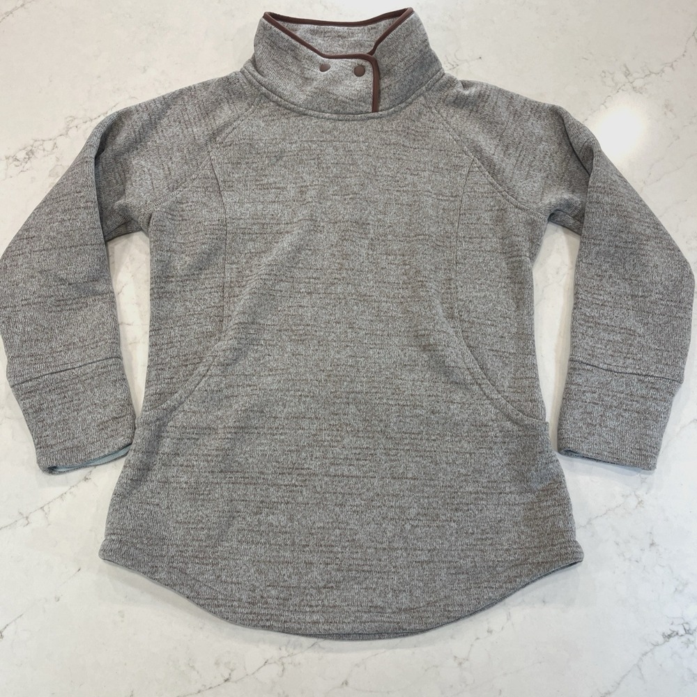 prAna Tri Thermal Pullover Fleece Tunic Sweatshirt Womens XL Blue Brown Moc Neck
